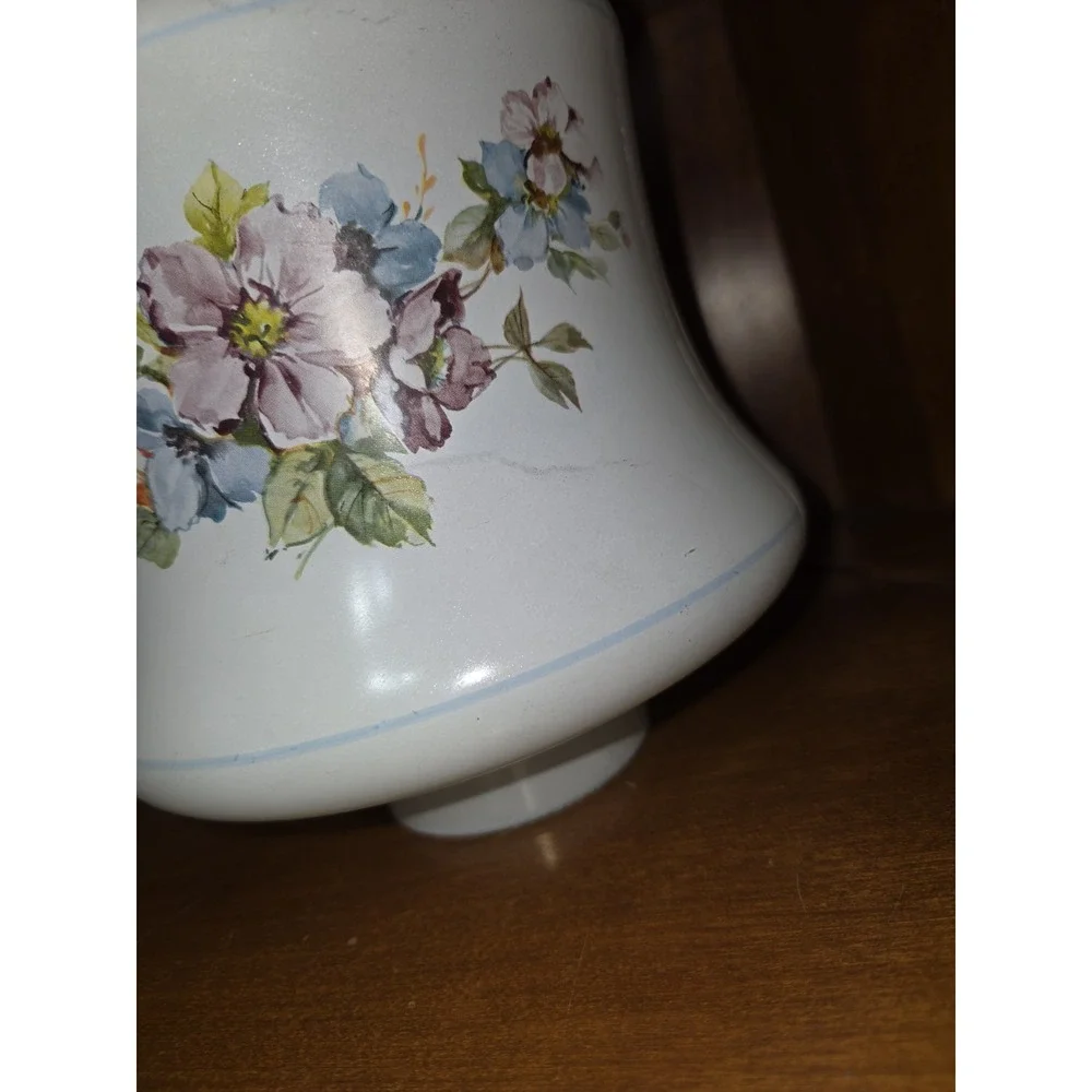 VTG white milk glass hurricane lamp shade featuring blue stripes W/ Ruffled Rim
